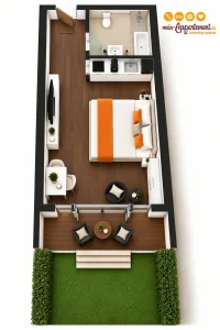 3D-Visualisierung eines möblierten Serviced Appartements in Hürth bei Köln mit Wohn- und Schlafbereich, Küchenzeile, Bad und Terrasse